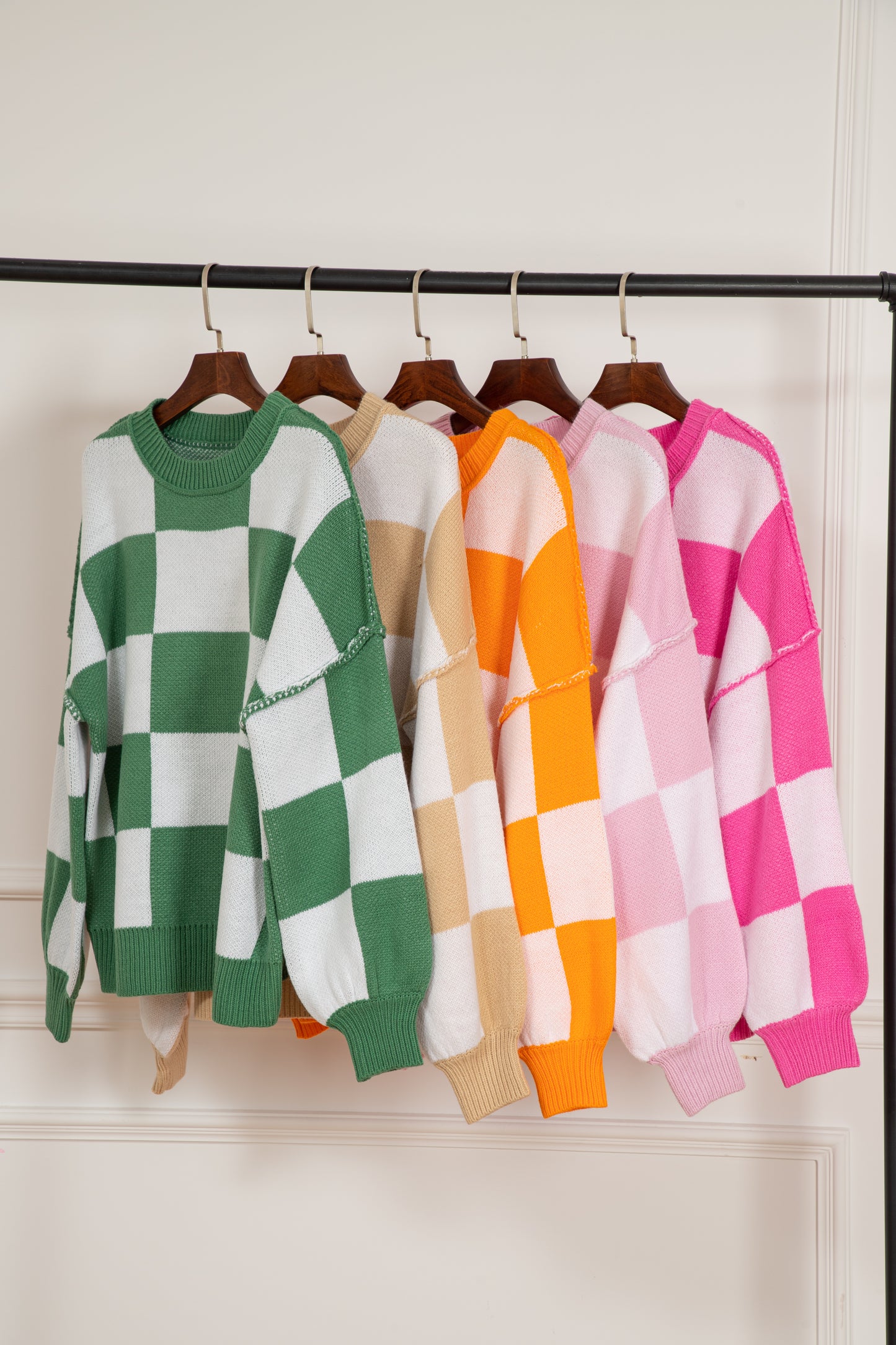 Green Checkered Bishop Sleeve Sweater