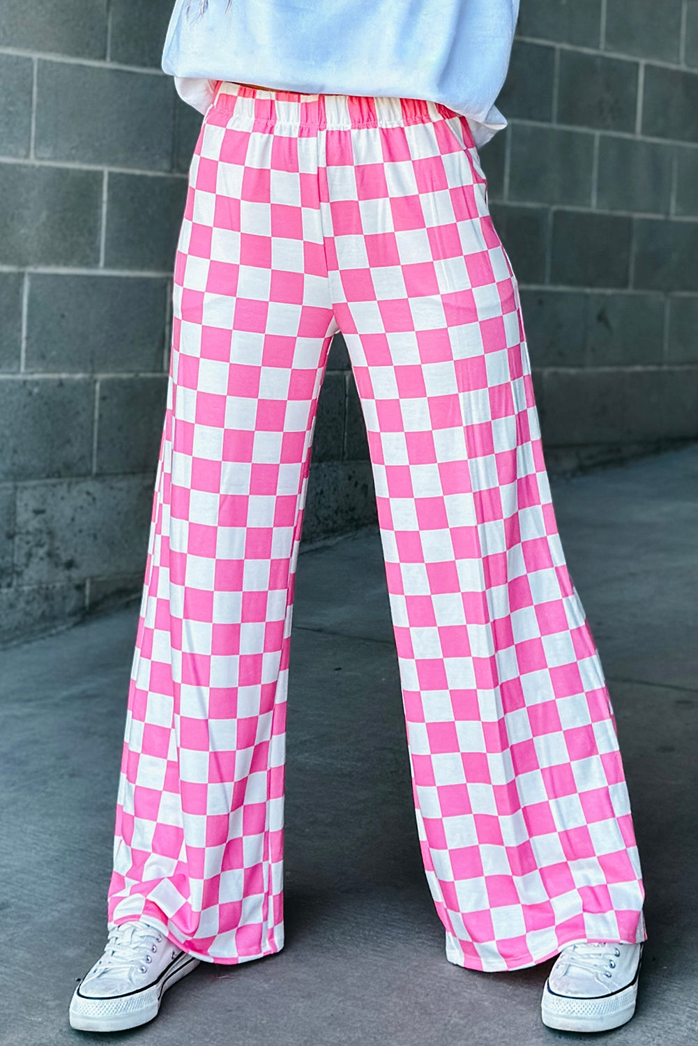 Black 2-Tone Checked Print High Waist Wide Leg Pants