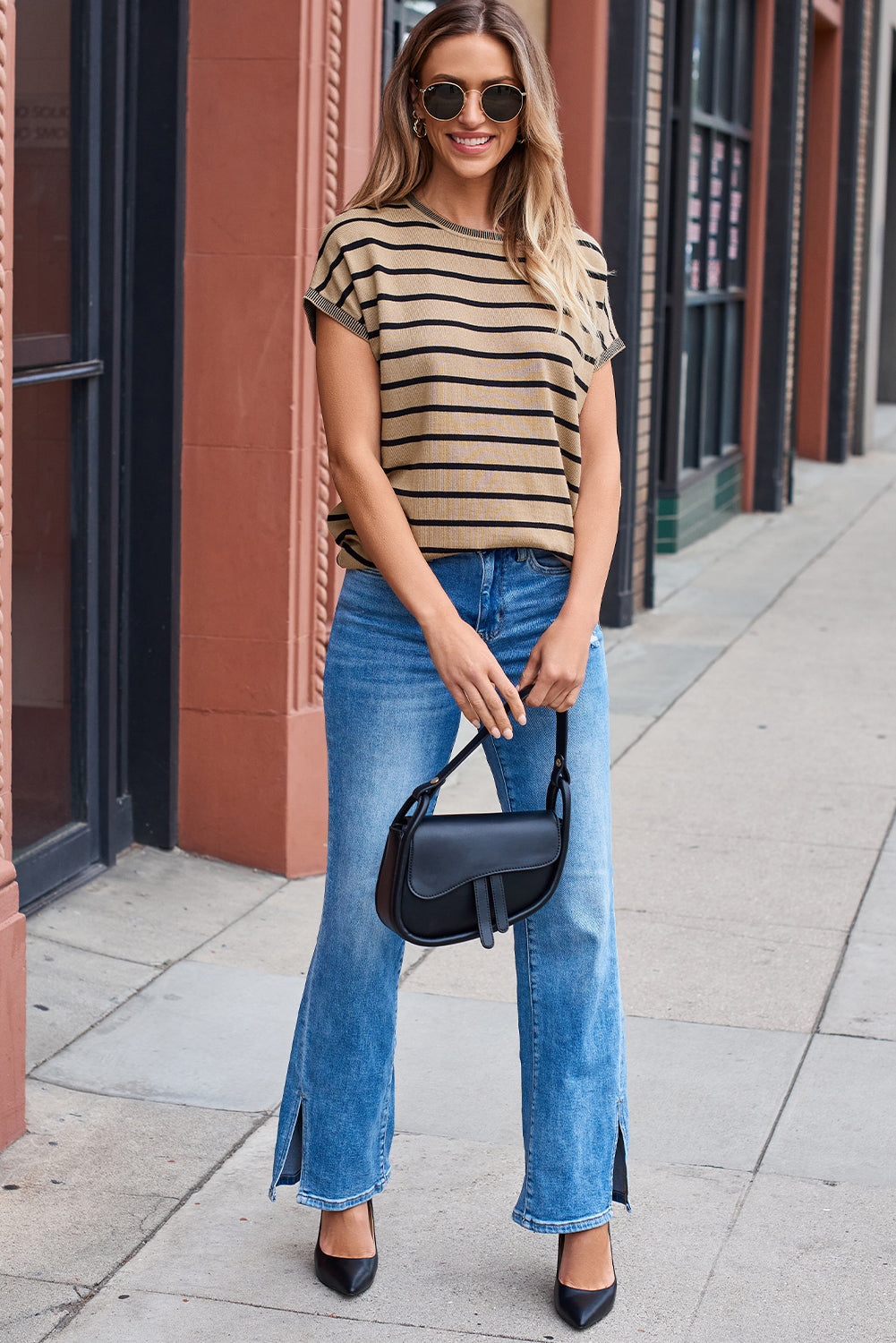 Khaki Stripe Knitted Bat Sleeve T Shirt