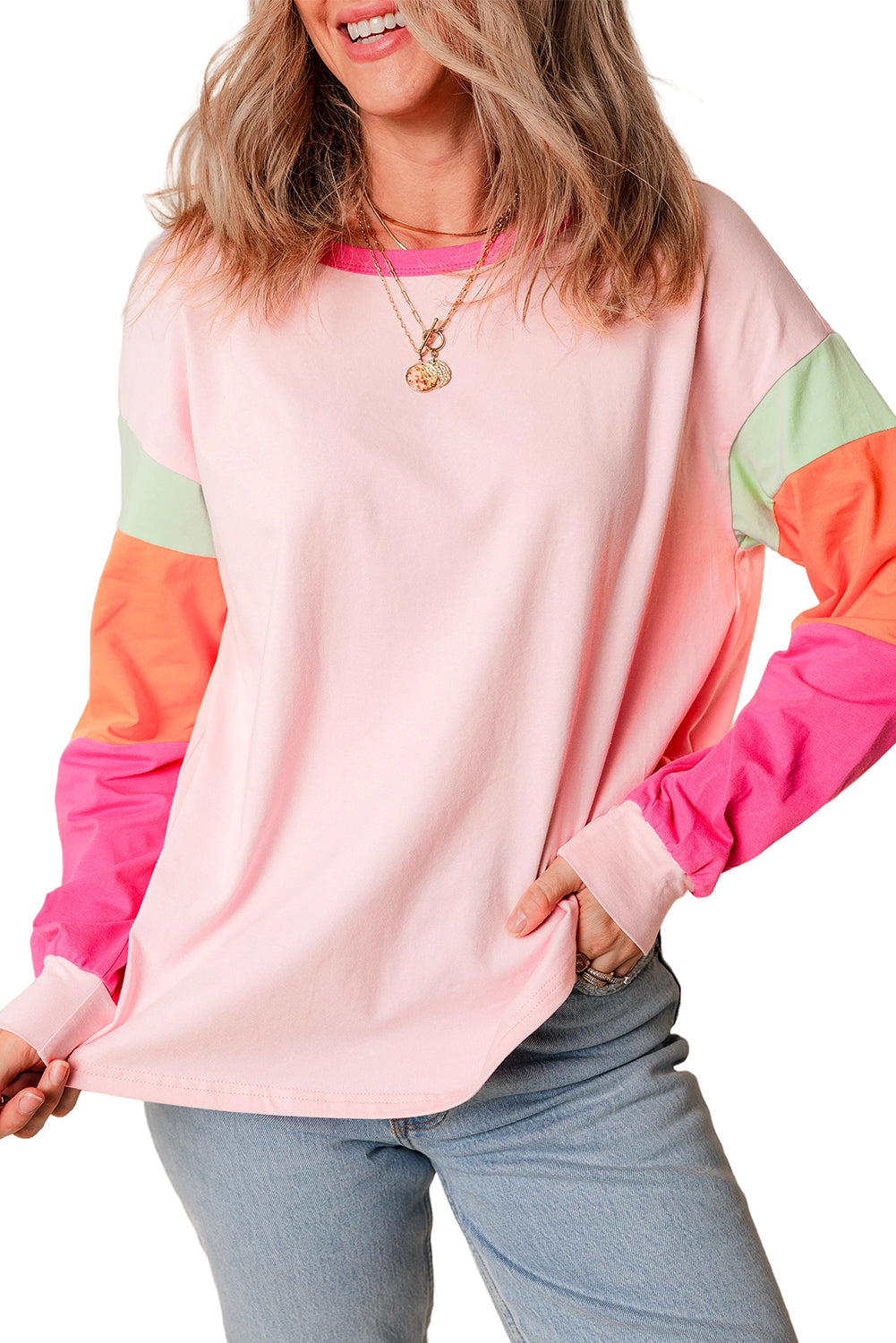 Pink Colorblock Patchwork Long Sleeve Loose Top