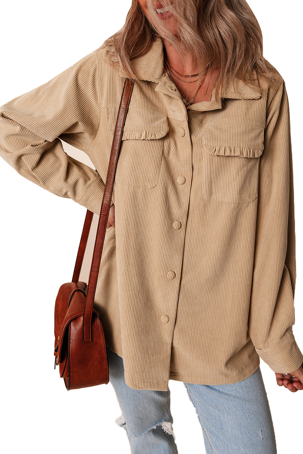 Light French Beige Solid Frilled Flap Pocket Button Up Corduroy Shacket