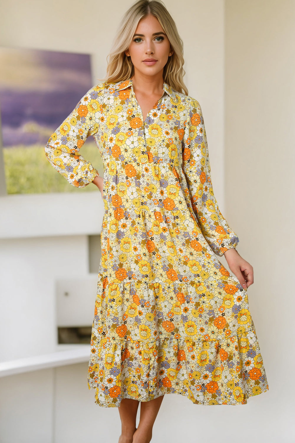 Yellow Boho Floral Collared Long Sleeve Ruffled Dress