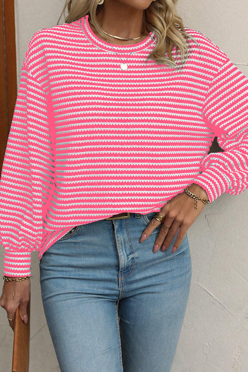 Black Stripe Round Neck Drop Shoulder Long Sleeve Top