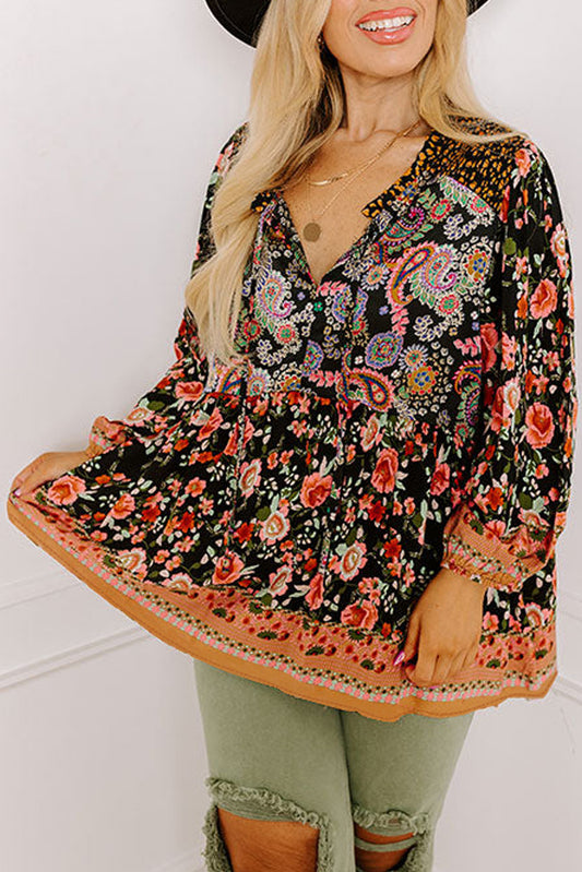 Black Plus Size Paisley Floral Print V Neck Bubble Sleeve Blouse