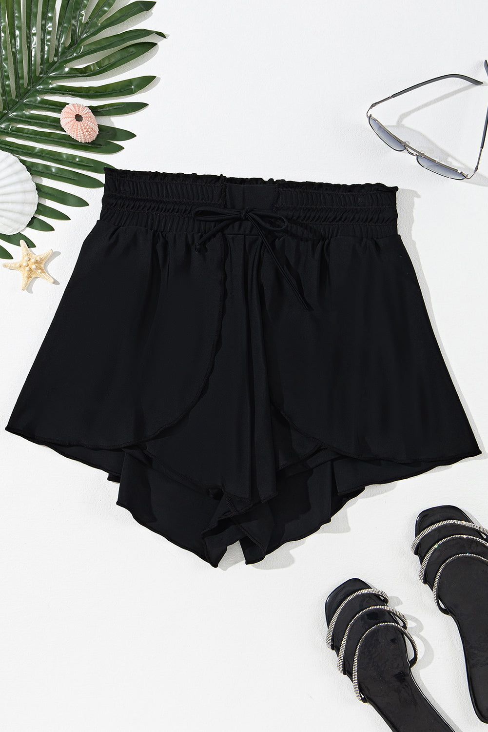 Black Frilly High Waist Petal Wrap Swim Shorts