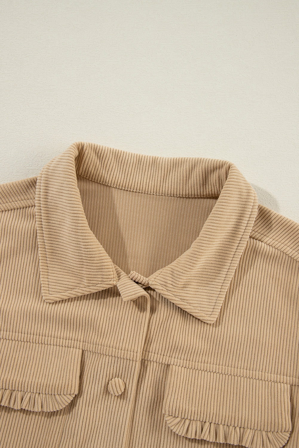 Light French Beige Solid Frilled Flap Pocket Button Up Corduroy Shacket