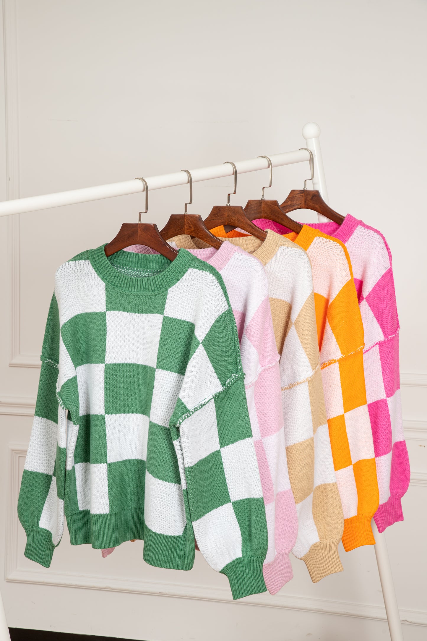 Green Checkered Bishop Sleeve Sweater