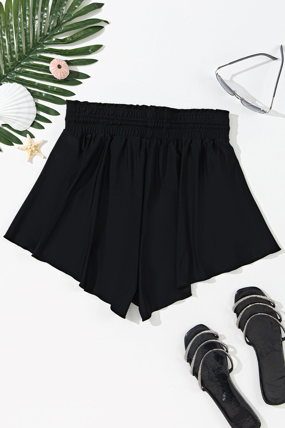 Black Frilly High Waist Petal Wrap Swim Shorts