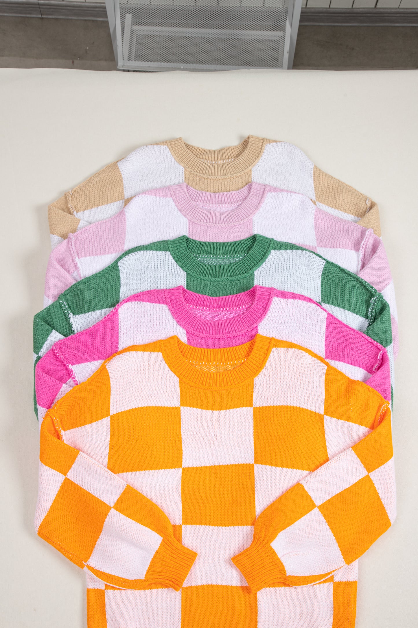 Orange Checkered Bishop Sleeve Sweater