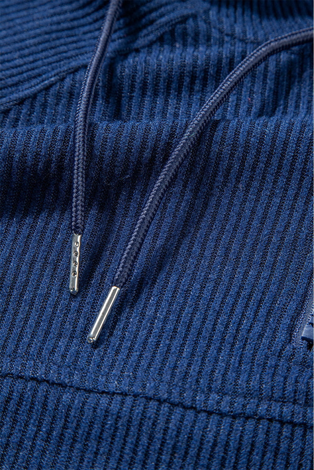 Navy Blue Ribbed Knit Cropped Hoodie and Drawstring Joggers Set