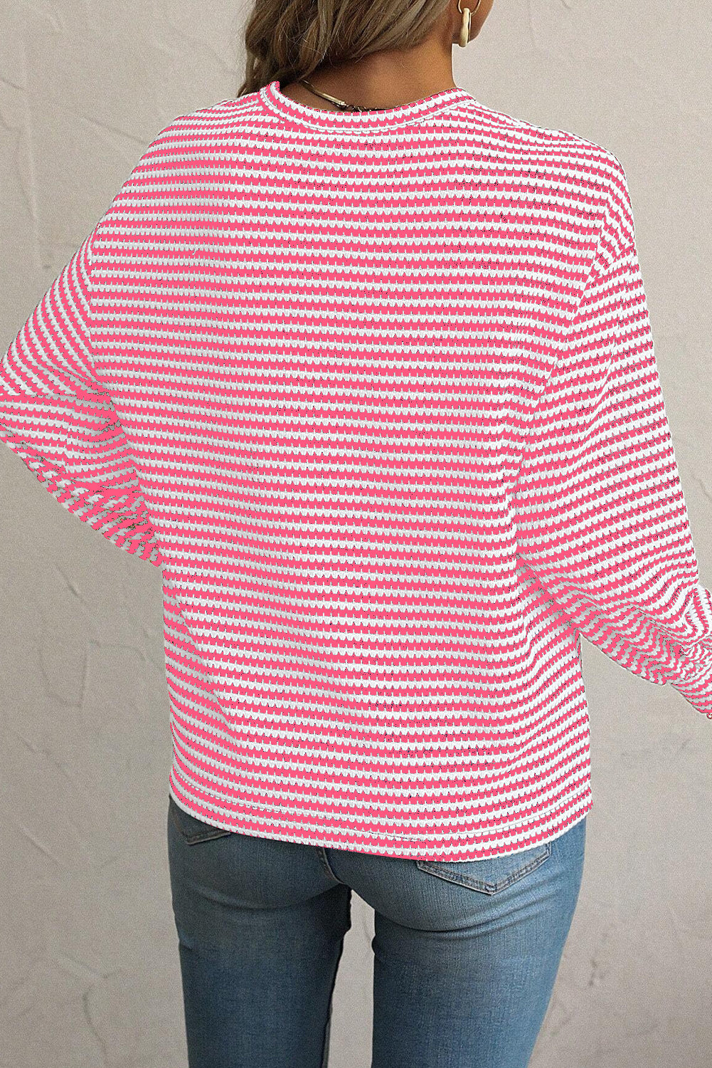 Black Stripe Round Neck Drop Shoulder Long Sleeve Top