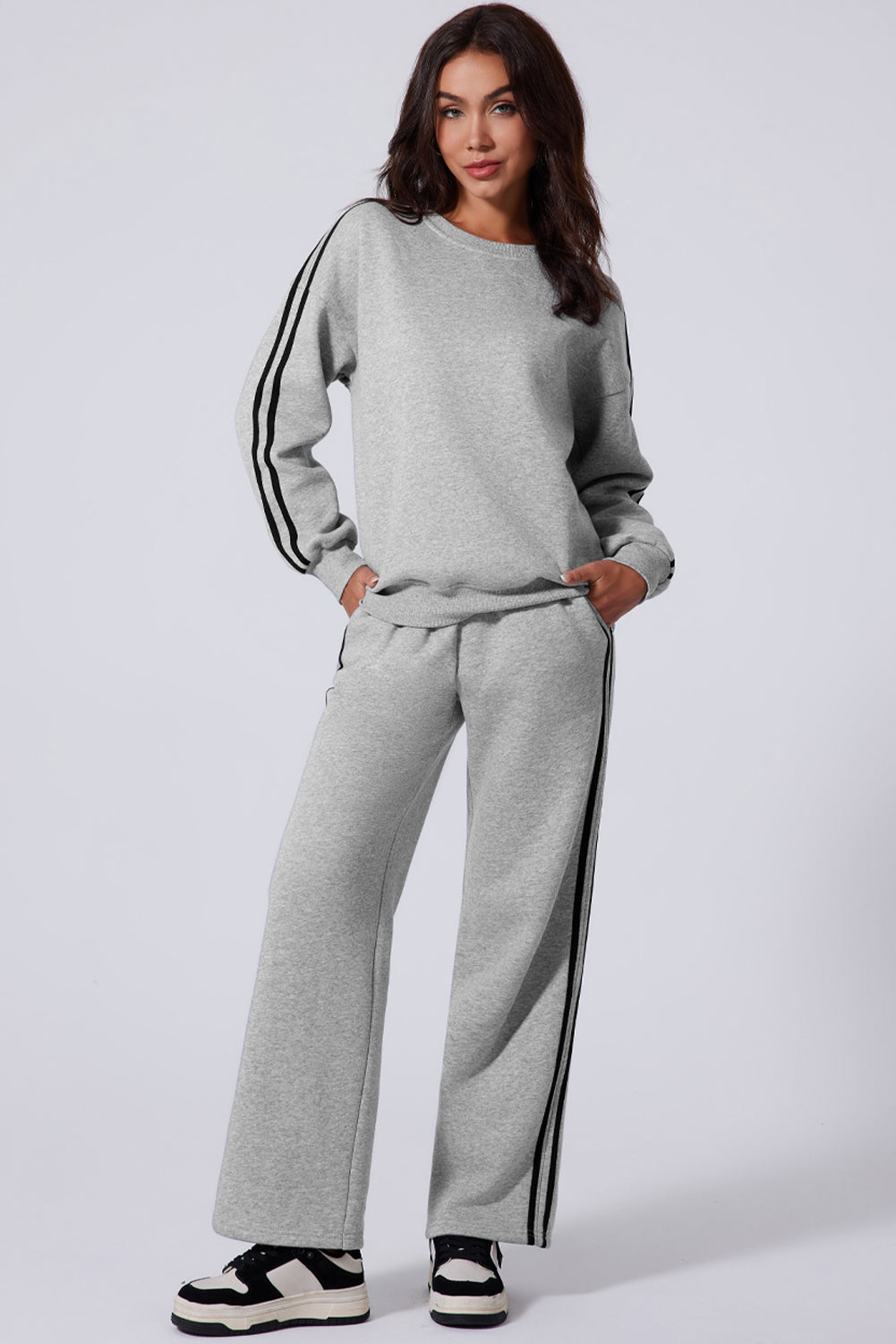 Light Grey Solid Color Side Striped Sweatshirt Active Set