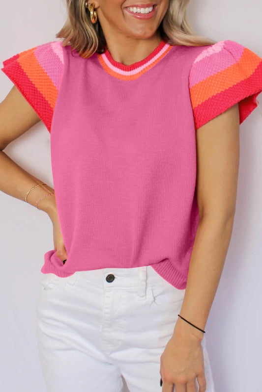 Bright Pink Contrast Flutter Sleeves Knitted Sweater T Shirt