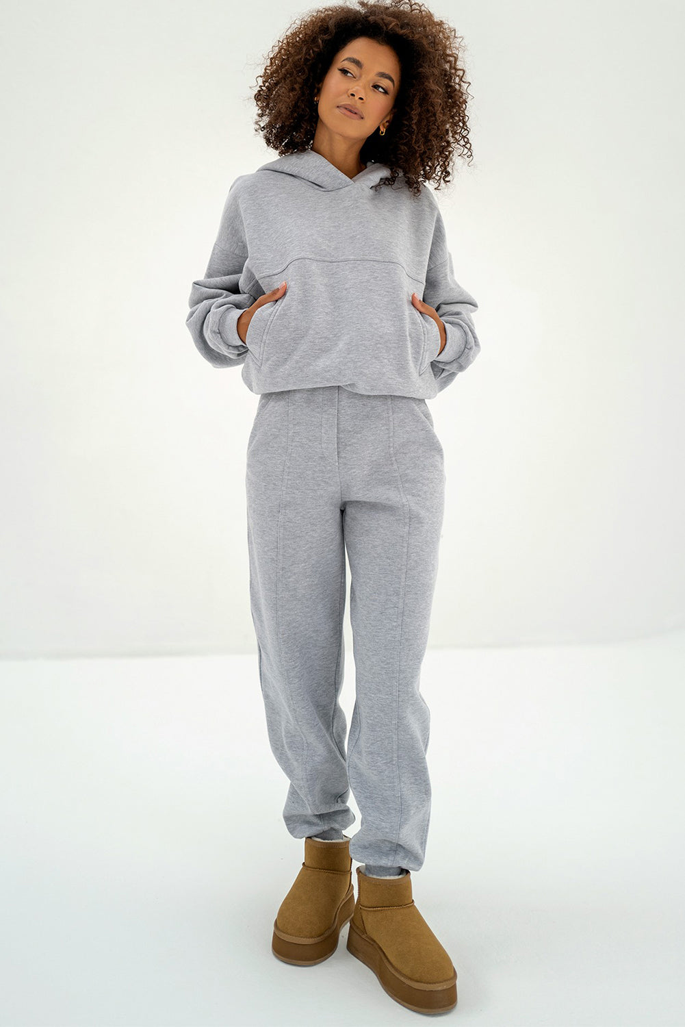 Gray Solid Exposed Seams Hoodie and Joggers Activewear Set