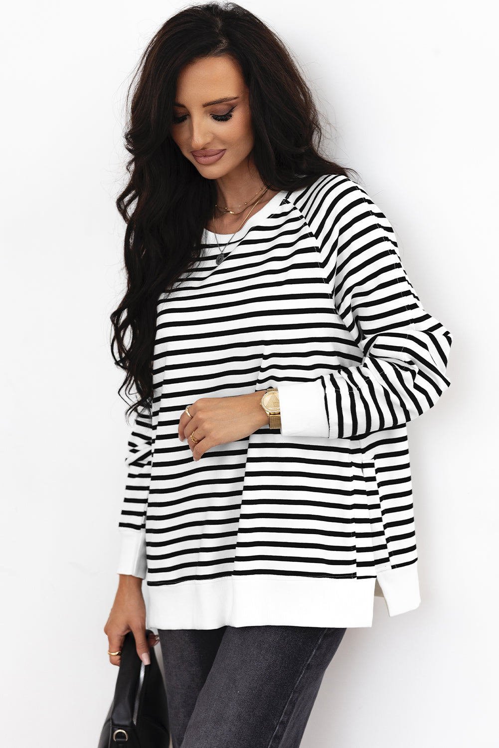 Black Stripe Raglan Sleeve Side Slits Loose Sweatshirt