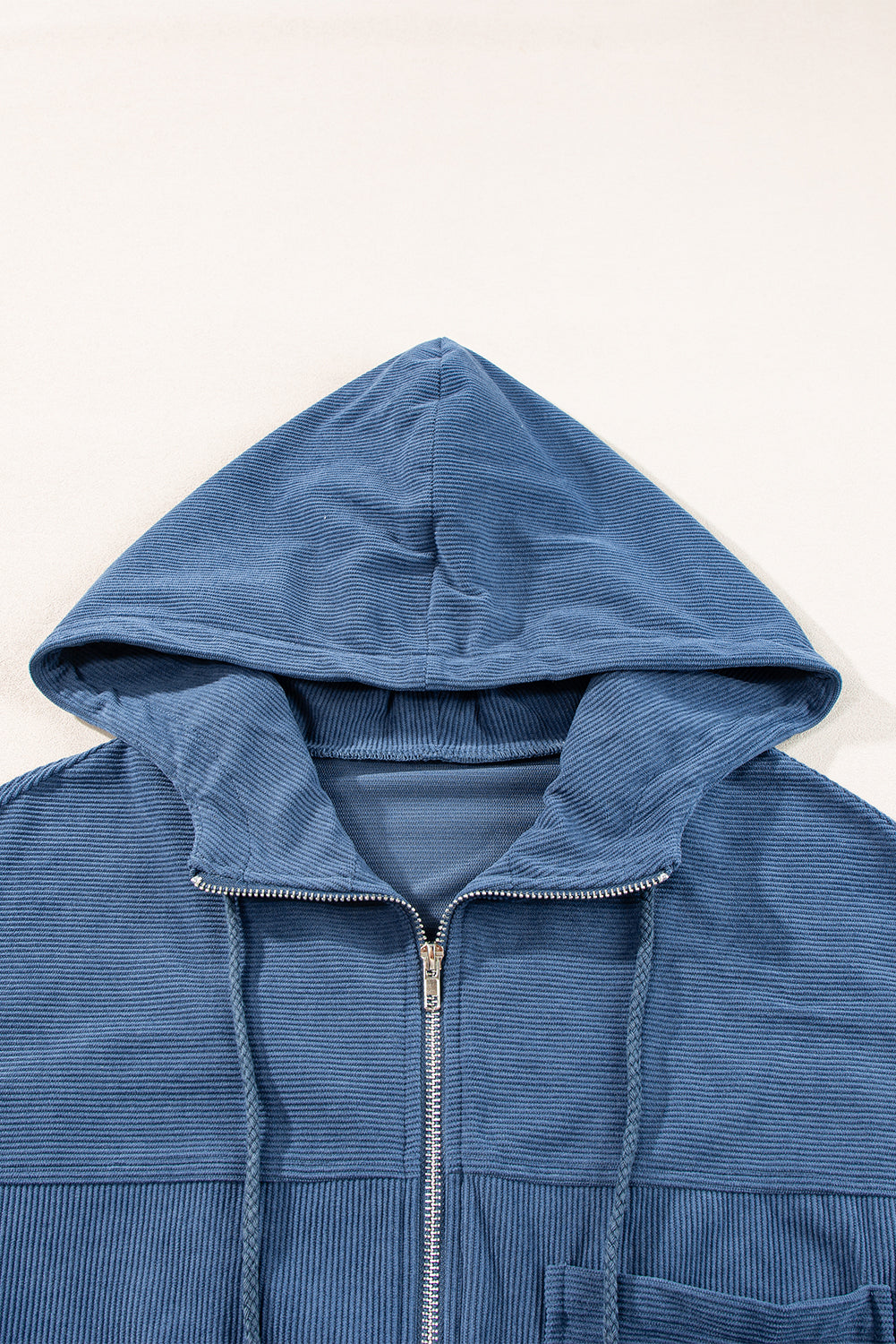 Real Teal Corduroy Drawstring Hooded Pocket Zip Up Jacket