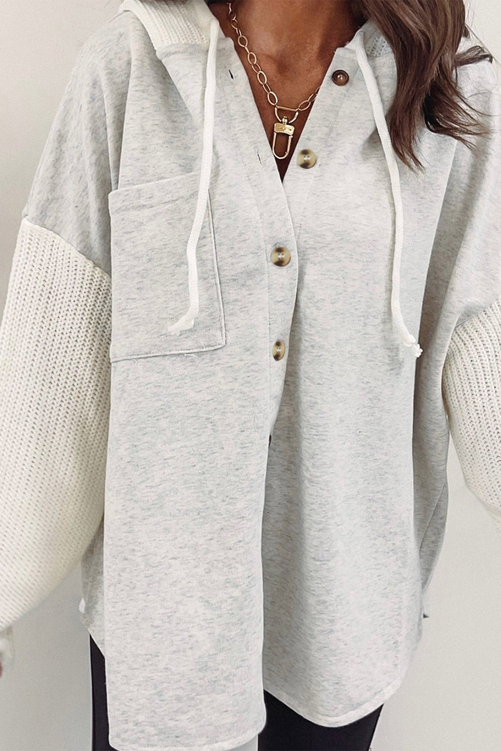 Gray Button Up Contrast Knitted Sleeves Hooded Jacket