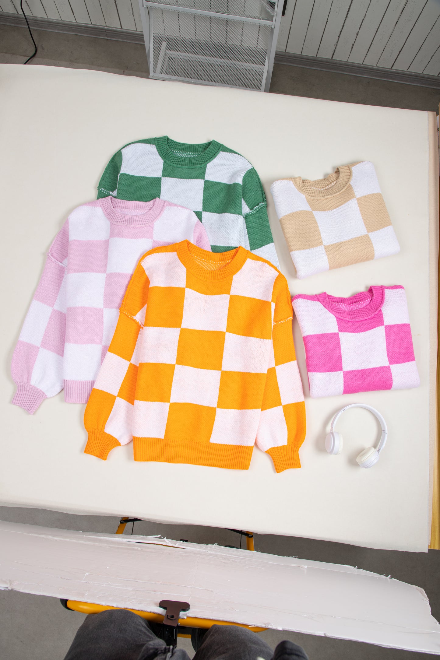 Green Checkered Bishop Sleeve Sweater