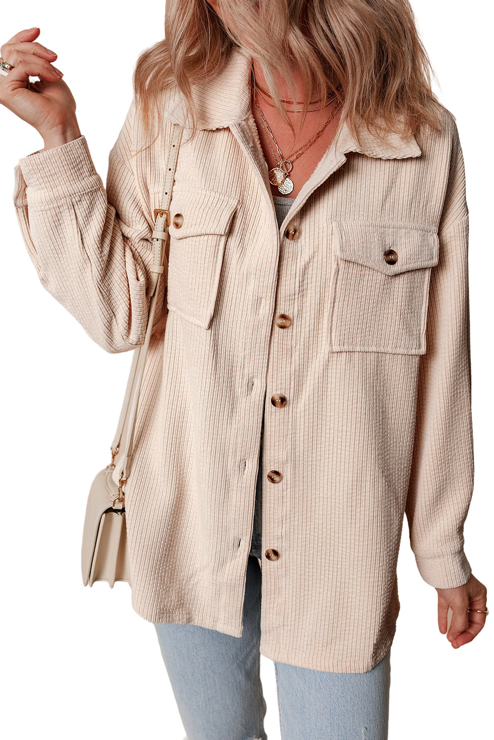 Oatmeal Corduroy Flap Pocket Button Up Shacket