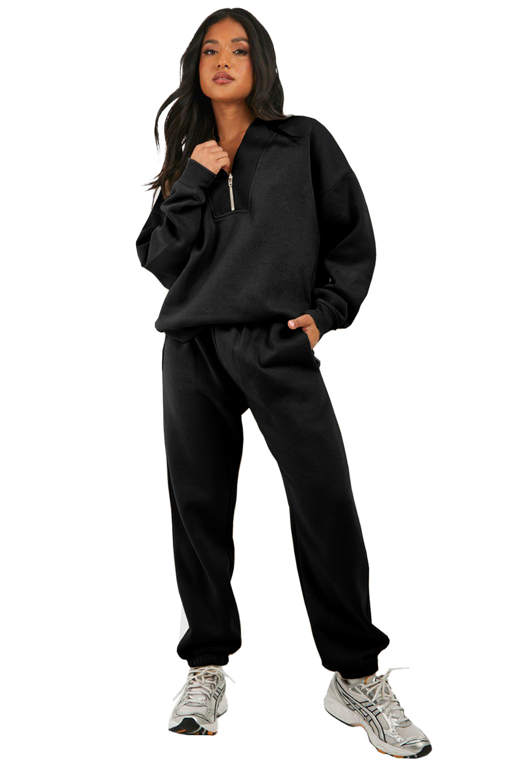 Black Plain Half Zip V Neck Ribbed Edge Loose Tracksuit