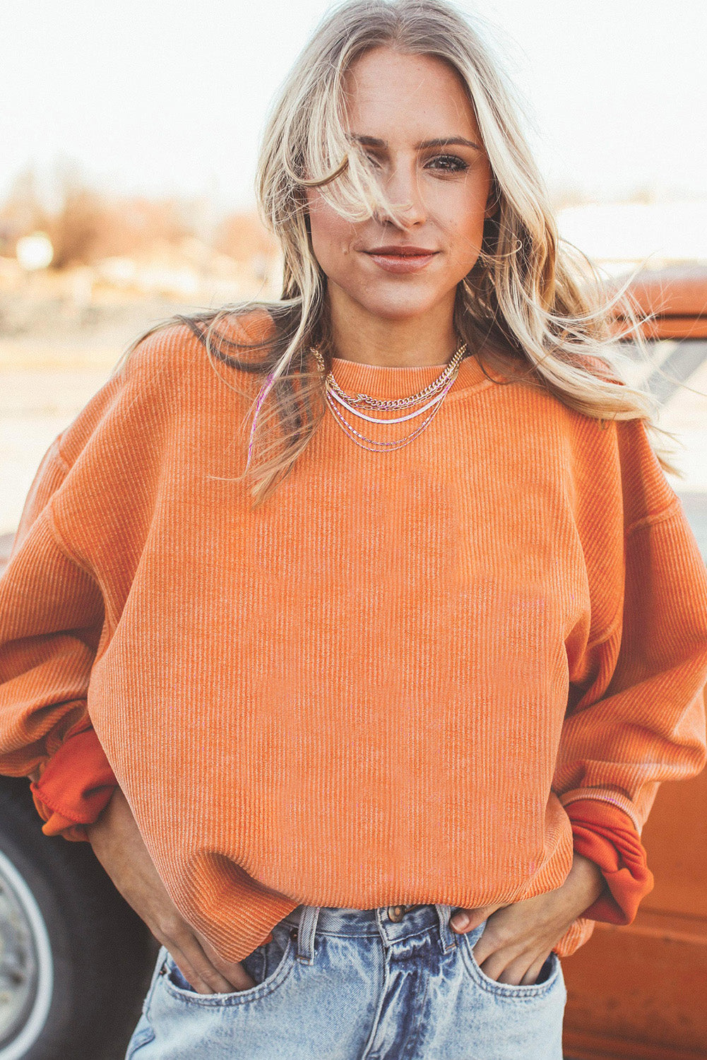 Orange Ribbed Corduroy Oversized Sweatshirt