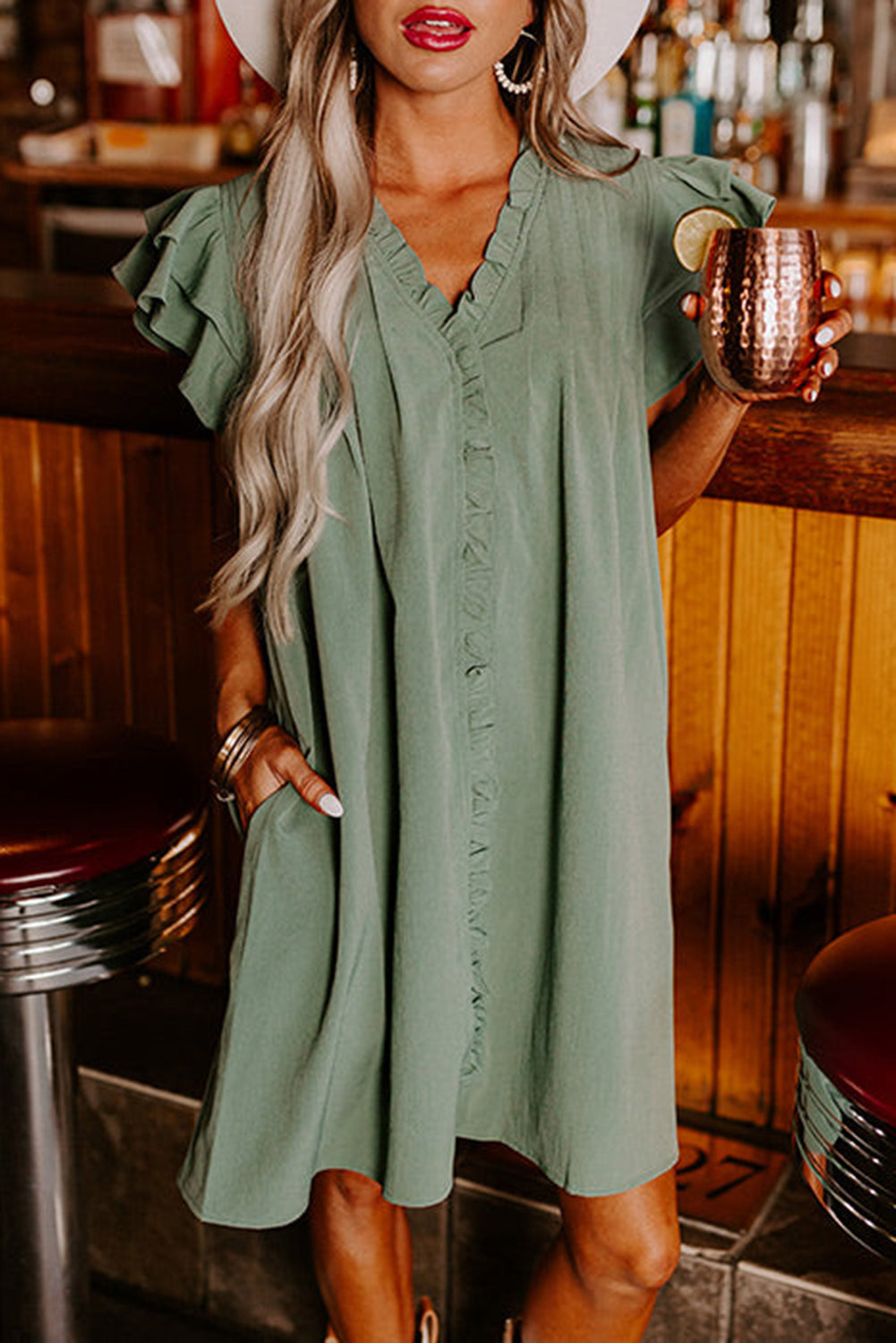 Mist Green Ruffle Sleeve V Neck Frilled Shift Dress