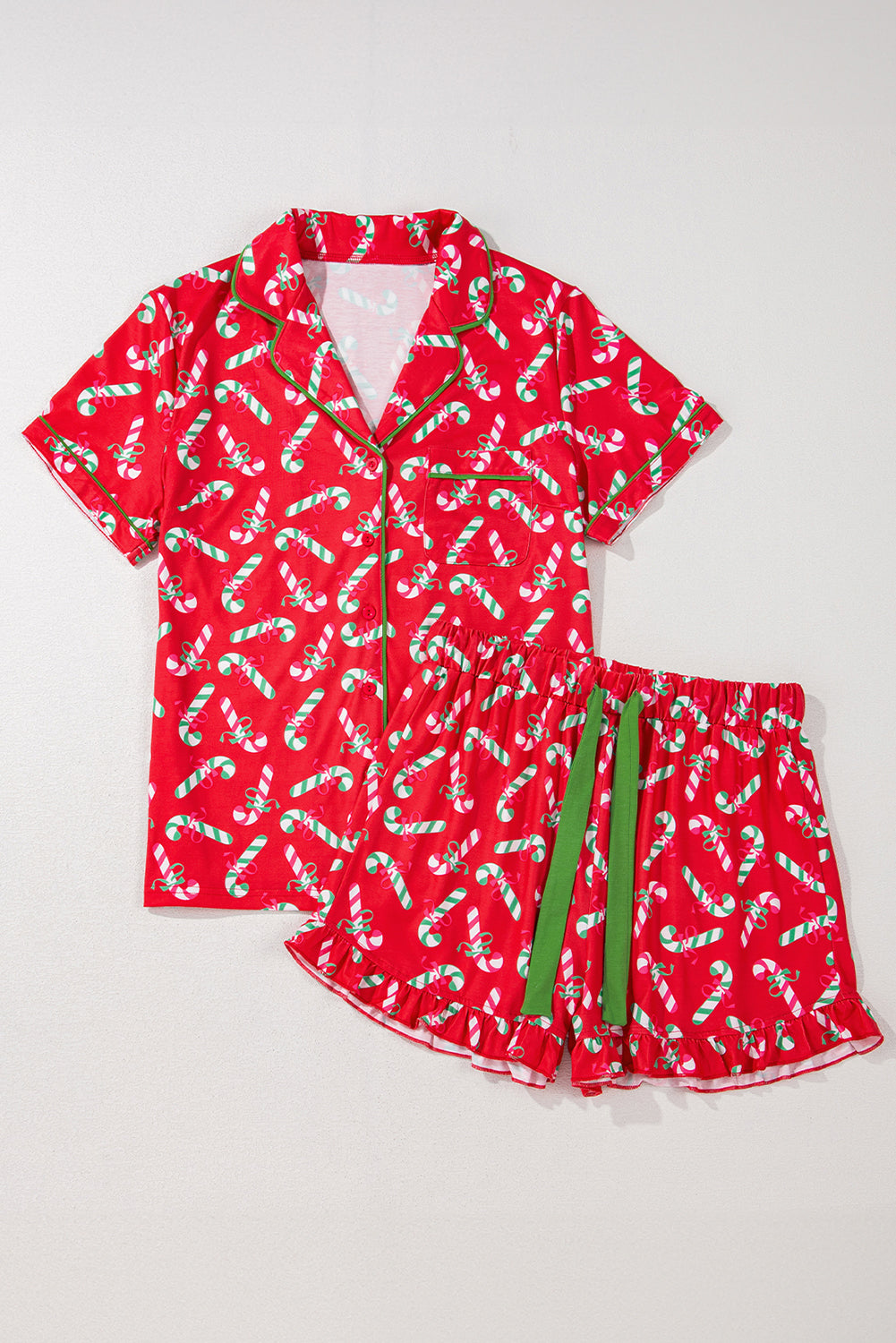 Pink Christmas Candy Cane Print Pocketed Knotted Pajama Set