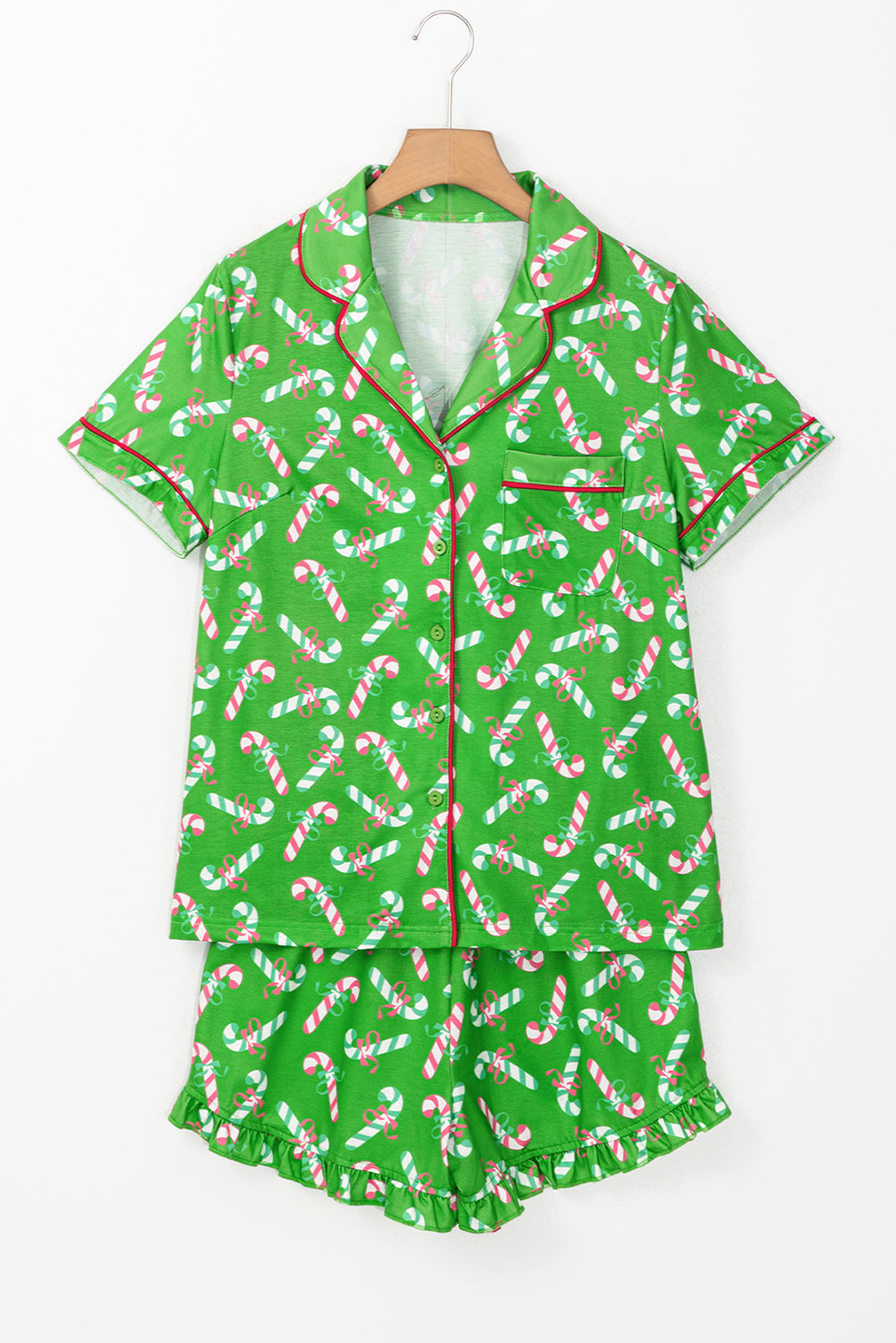 Pink Christmas Candy Cane Print Pocketed Knotted Pajama Set