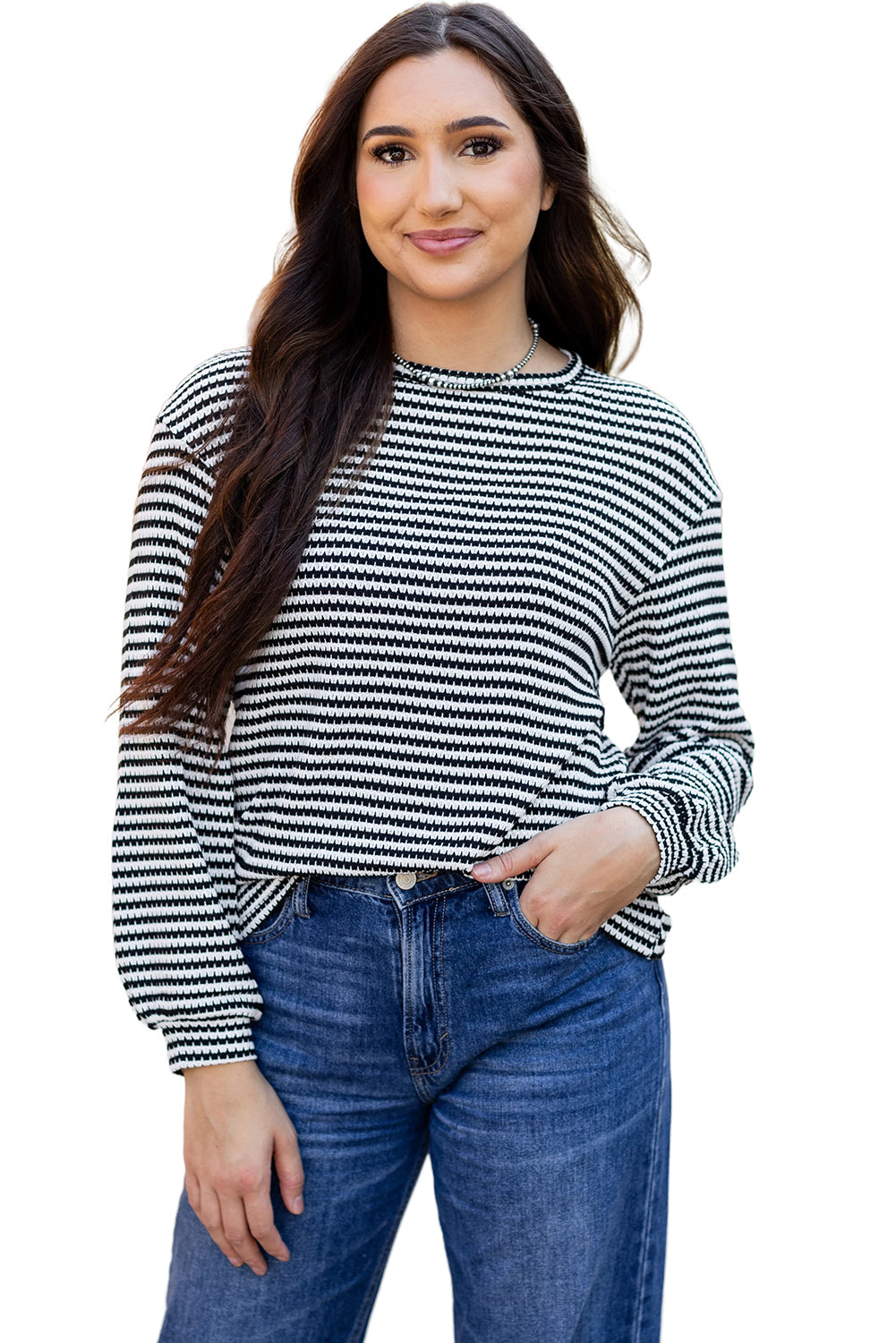 Black Stripe Round Neck Drop Shoulder Long Sleeve Top