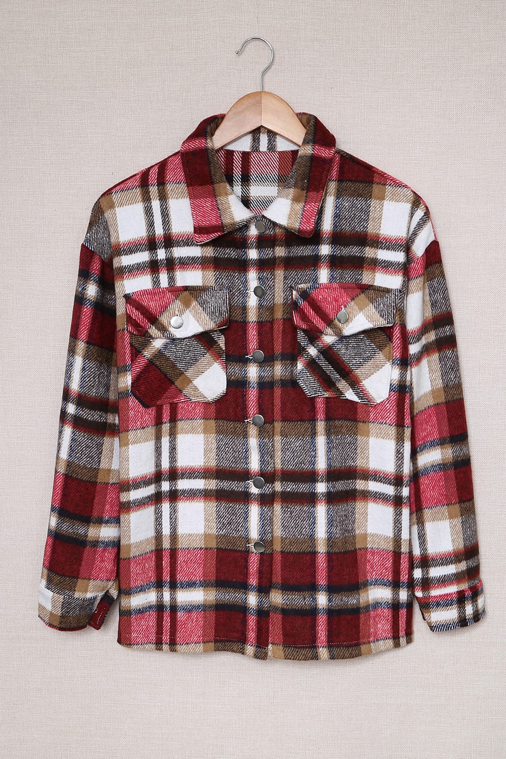 Fiery Red Geometric Plaid Print Pocketed Shacket