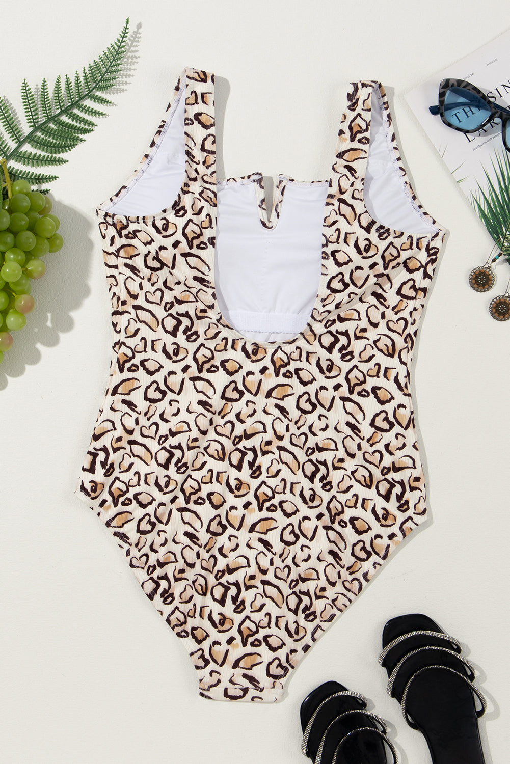 Khaki Leopard Print Notched Neck One Piece Swimsuit