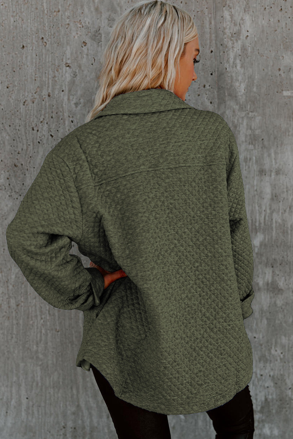 Green Retro Quilted Flap Pocket Button Shacket